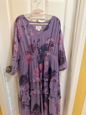 365 Fifth Avenue Purple Floral Dress Petite XL Sheer Overlay Boho Ruffle Midi